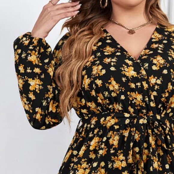 Melo Apparel Plus Size Floral Surplice Neck Long Sleeve Dress - Picture 3 of 7